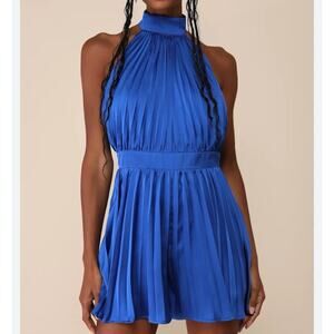 Lulus Seriously Stunning Royal Blue Satin Pleated Backless Romper Size XL NWT